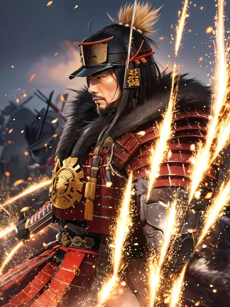 Visualize a powerful samurai in the midst of an important historical moment, displaying their skill and bravery as they make a decisive move that will change the course of history