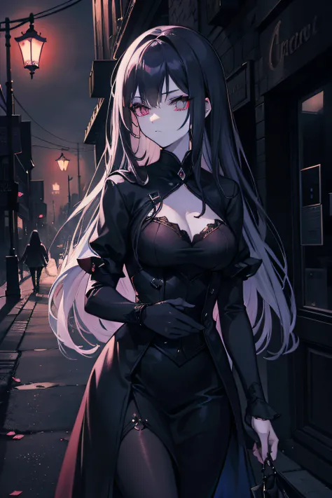 Generate an illustration in an illustrative style featuring a vampiress walking through a dark city at night. The scene should capture the mysterious and alluring nature of the character. The vampiress should be depicted with an air of elegance and danger,...