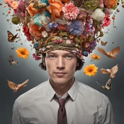 Beautiful surreal programming scenery, A curious man appears wearing a hat decorated with flowers on his head. The image is a true surrealist digital work of art, Inspired by the magical work of Maxim Velekhin. Every detail of the illustration is impressiv...