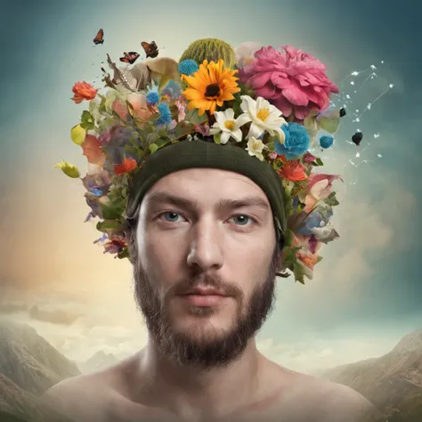 Beautiful surreal programming scenery, A curious man appears wearing a hat decorated with flowers on his head. The image is a true surrealist digital work of art, Inspired by the magical work of Maxim Velekhin. Every detail of the illustration is impressiv...