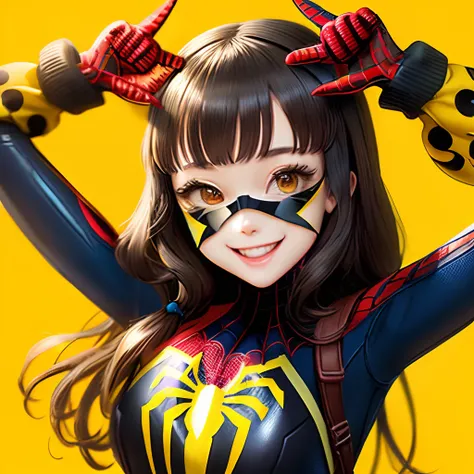 Crime more cheerful yellow background and emoji with the mask of the cheerful girl spider-man