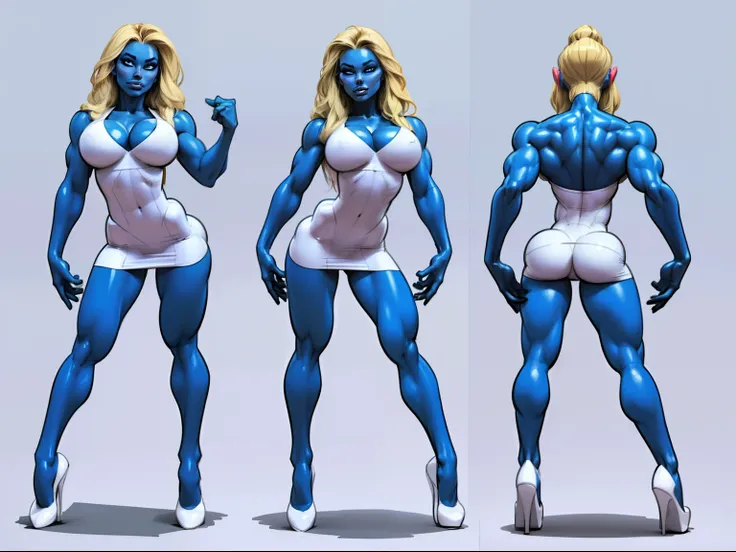 ((masterpiece)),(((best quality))),((character design sheet)), ((full body view)) illustration,1girl, muscular The Smurfs in background, ((blue skin:1.2)), Smurfette, light blonde hair, white dress ((detailed face:1.4)) blue woman, shiny skin, scribbles an...