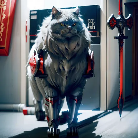 silver grey，persian cat。Crimson mech，4 k hd wallpaper，photorealestic，standing on two feet，Holding a giant sword