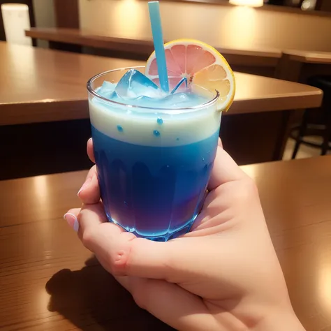 Cute Baby Chibi Anime, (Best Quality), (masutepiece) Blue Hawaii Cocktail,BAR with a calm atmosphere,