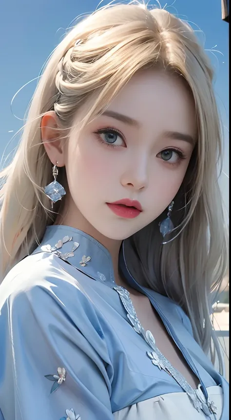 1 girl、porate、Student clothes、blue-sky、Bright and very beautiful face、年轻, shiny white shiny skin、Best Looks、Blonde hair with dazzling light reflection、Beautiful platinum blonde hair is super filament-like straight and shiny、Long bangs、Very beautiful 17 yea...