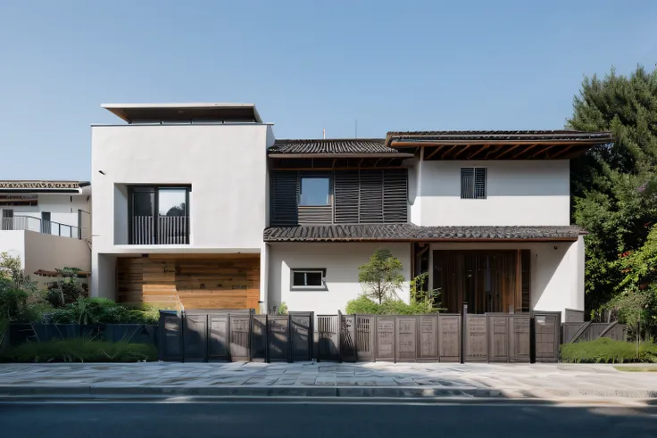 zhu ai_rustic architecture,  modern style, single house, perspective, outdoors, sky,tree, window, blue sky, 
best quality, reali...