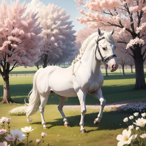 A white horse in a field full of flowers, lot of colorful flowers, cherry blossom trees all around with falling leaves