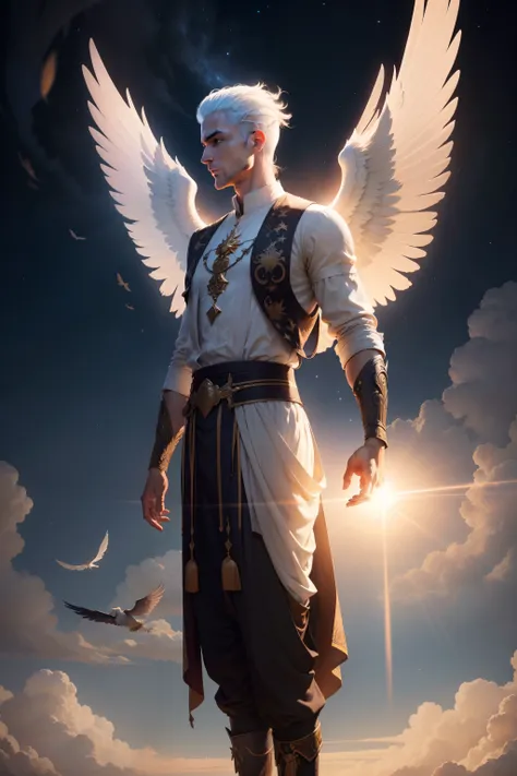 create a man with 6 wings and ancient clothes levitating in the sky with stars behind him and the sun shining on the back of his head