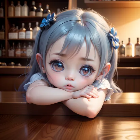 Cute Baby Chibi Anime, (Best Quality), (masutepiece) Water-split whiskey,BAR with a calm atmosphere,