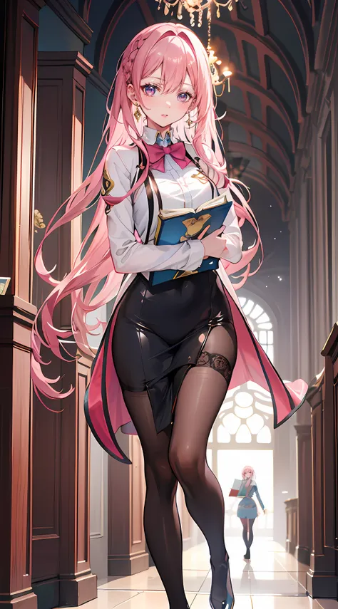 "Generate a long pink-haired girl in a vibrant magic academy uniform, elegantly holding a book with both hands, standing confidently at the the hall."