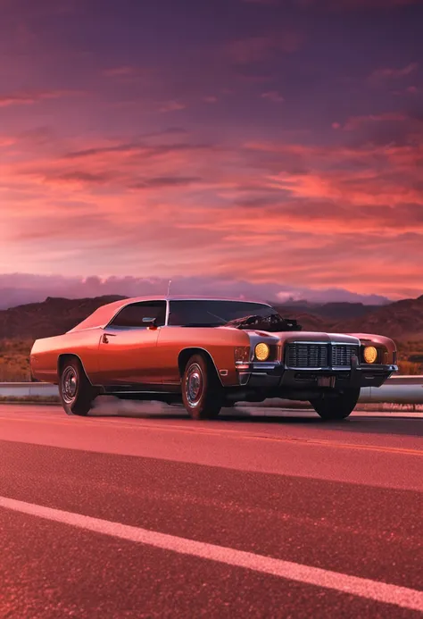 Dusk on an interstate in the United States，The sunset runs wildly，Third perspective，light wind，A man and a woman sit in the car