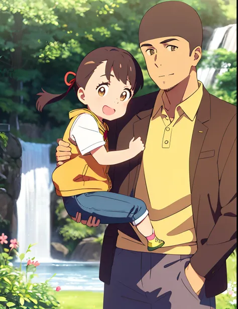 shinkai makoto, kimi no na wa., family of four,1boy, buzzcut, brown jacket, open clothes, white shir, grey pants, carrying child, dad, 1girl, bangs, Brown eyes, waterfall braid, red ribbon, long hair, light pink cardigan, open clothes, yellow shirt, orange...