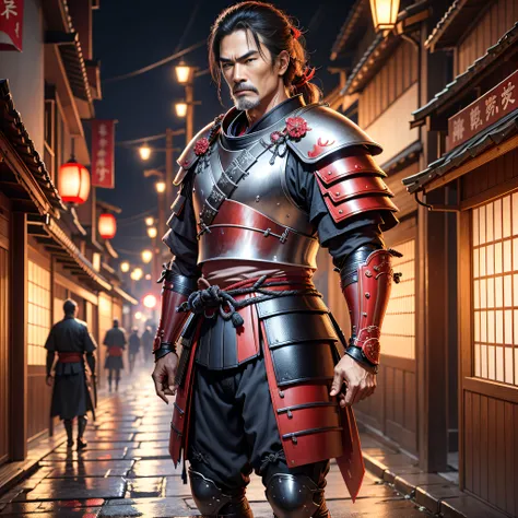 Samurai, middle-aged, tall, strong, wearing typical red armor, long katana in left hand, in typical feudal city of Japan, night, ultra realistic, wet street, Japanese lantern lights, 8k --auto --s2