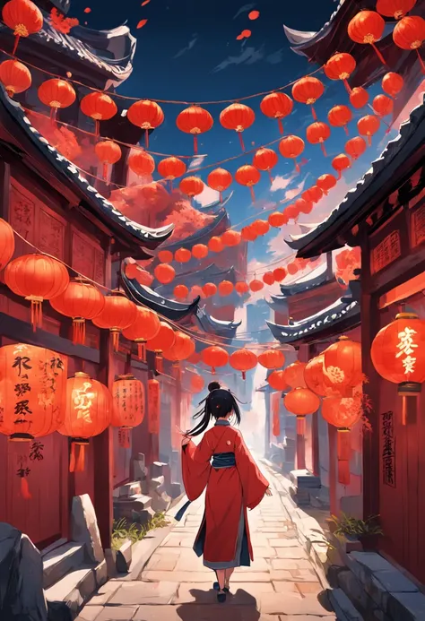 Street picture in CG game,Full of Chinese elements，The Lunar New Year is just around the corner，The festive atmosphere is strong，The style of medieval illustrations, Symbolic figurative landscapes, Light red and silver, Vintage poster design, Organic Art N...