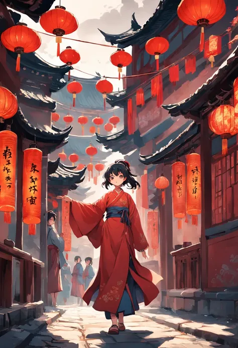 Street picture in CG game,Full of Chinese elements，The Lunar New Year is just around the corner，The festive atmosphere is strong，The style of medieval illustrations, Symbolic figurative landscapes, Light red and silver, Vintage poster design, Organic Art N...