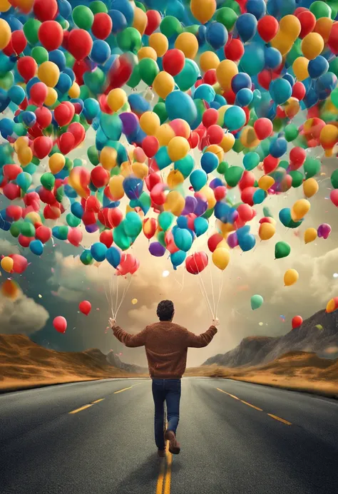 description: a happy person releasing balloons.  Characteristics: Thin Man Smiling Scenery:  on a Road Action: releasing happy and relieved balloons Quality: Foto ultra realista, qualidade 8k, fullhd