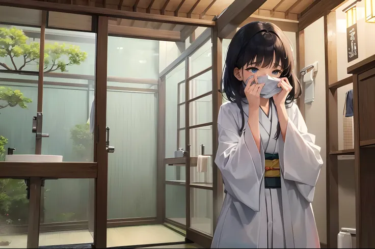 A two-dimensional girl covering her mouth in a Japanese-style bathroom on a rainy day