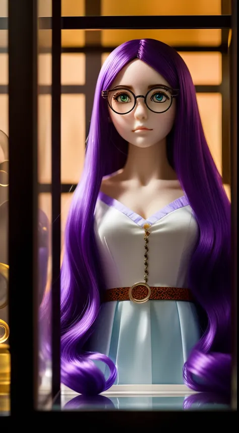 "a close-up of a 2D Anime woman in a glass display case as if she were a doll, with mesmerizing purple hair and captivating round glasses, standing at attention as her eyes are spiraling into a hypnotic trance."