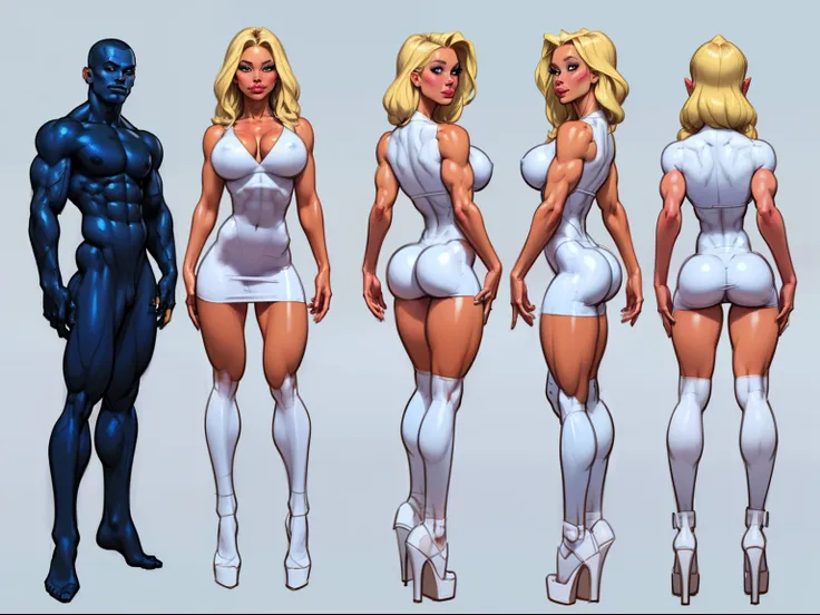 ((masterpiece)),(((best quality))),((character design sheet)), ((full body view)) illustration,1girl, muscular The Smurfs in background, ((blue skin:1.2)), Smurfette, light blonde hair, white dress ((detailed face:1.4)) blue woman, shiny skin, scribbles an...