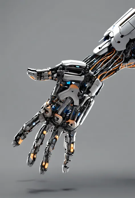 Two robotic hands with a white background photo of bench, robot hands, robot arms, with robotic arms, Robotic arms, foco em dois androides, Fantasia De Alta Qualidade, cybernetic hands, futuristic robot body, big robot hand, Robotic outstretched arms, robo...