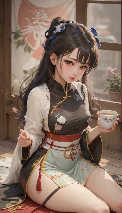 Anime girl sitting on bed drinking a cup of tea，seductive anime girls，black-haired mage，beautiful and seductive anime woman，（（Wearing an ethnic cheongsam）），anime moe art style，Cute anime waifu wearing beautiful clothes，ayaka genshin shock，8K high quality d...