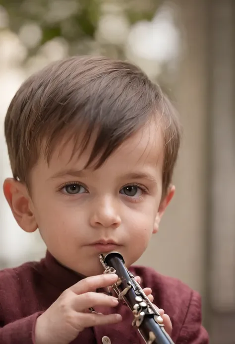 Handsome little boy playing flute in charismatic style， tmasterpiece， best qualtiy， 8K， art  stations， Clear focus， Ultra photo realsisim， high detal， Original photo portrait of cute little city （an extreme closeup shot）， （（（backround defocused））：1.7， （（de...