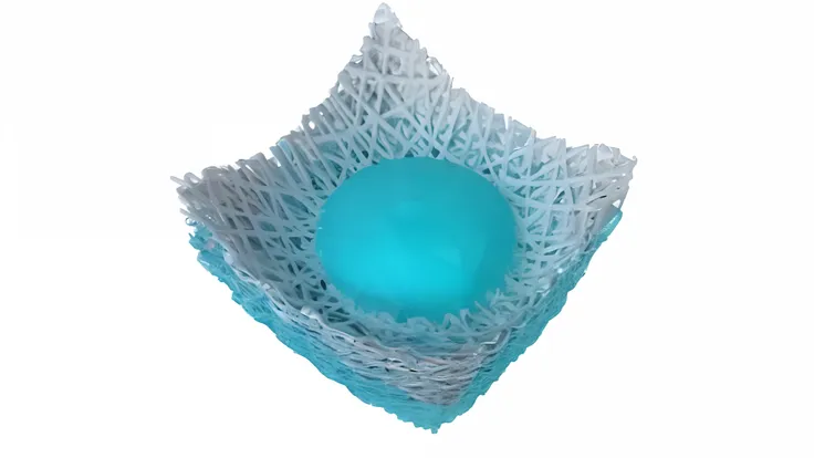 White bowl on a white surface, made of glowing wax and ceramic, blue translucent resin, Nest, Mesh, 3 d mesh, set 1 8 6 0, serene, cyan dimensional light, Made of wax and water, pale-blue, sculpted, 3d cell shaded, Turquoise, Detailed tangled fibers, Multi...