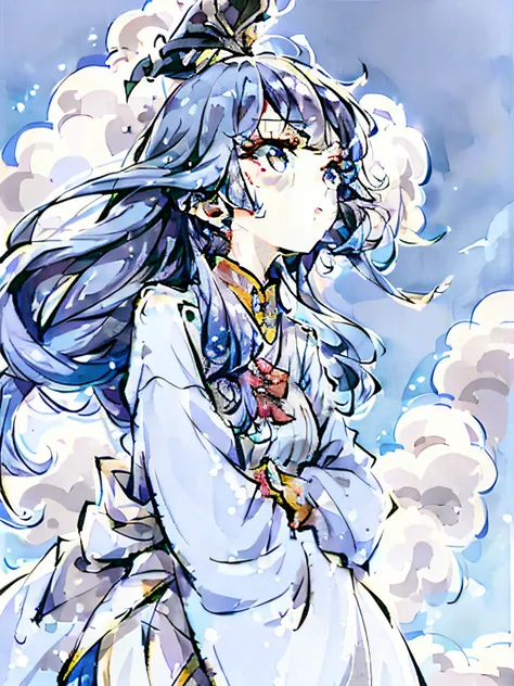 Woman with long hair and makeup，The wind blows the hair，The woman looked up at the sky，The sky has white clouds, blue sky and pigeons