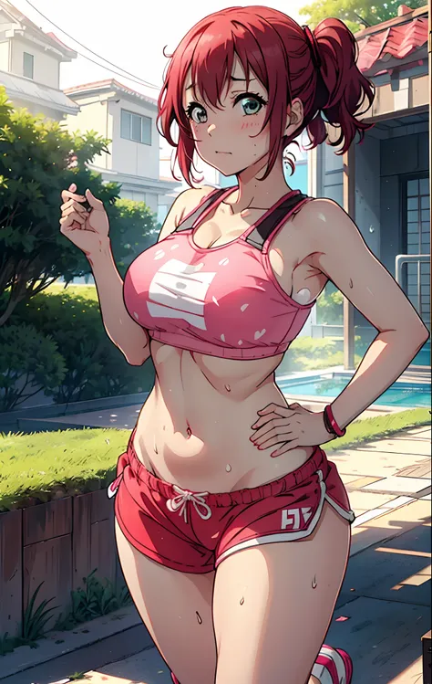 Kurosawa ruby,pink Crop top, white tight shorts ,soaked in sweat,sweaty, heavy breathing,red face,blunt hair,curvy body, standing, string thong bikini