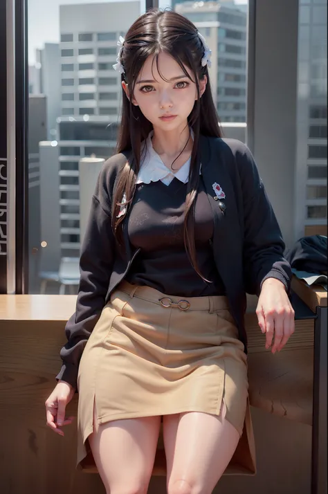 there is a woman that is sitting down on a bench，Wear skirts and jackets, Surrealism female students, Realistic anime 3 D style, photorealistic anime girl rendering, Realistic schoolgirl, Surrealism female students, 3 d anime realistic, realistic art style...