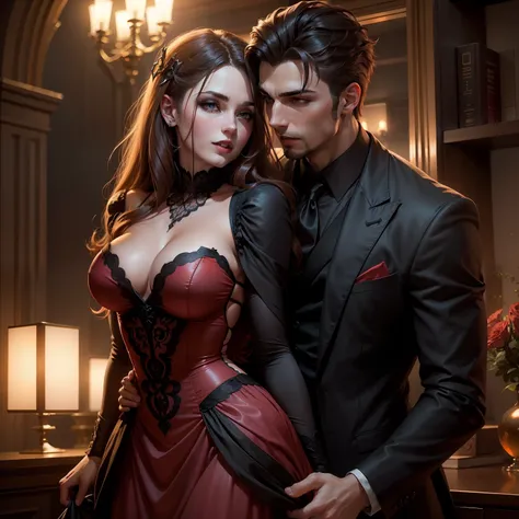 A handsome male vampire having a passionate night with a beautiful woman