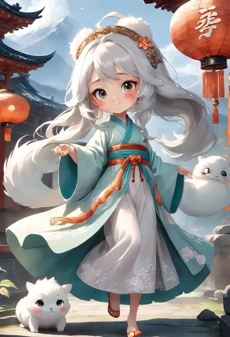 Super cute little girl，Dressed in gorgeous Hanfu，Little vixen，anthropomorphic turtle，Bubble Mart wind，Wear an elegant cloak，A sweet smile，White fur，Large bright eyes and fluffy tail，Clouds float gently，Extremely detailed 3D animations，Super realistic，super...