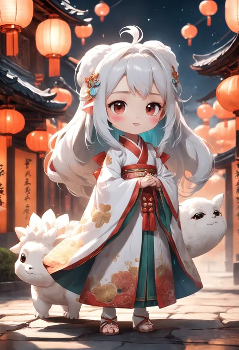 Super cute little girl，Dressed in gorgeous Hanfu，Little vixen，anthropomorphic turtle，Bubble Mart wind，Wear an elegant cloak，A sweet smile，White fur，Large bright eyes and fluffy tail，Clouds float gently，Extremely detailed 3D animations，Super realistic，super...