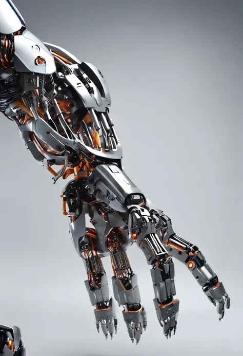 Two robotic hands with a white background photo of the bench, robot hands, robot arms, with TWO robotic arms, TWO Robotic Arms, foco em dois androides, Fantasia De Alta Qualidade, TWO cybernetic hands, Futuristic robot body WITH TWO HANDS , 2 handS big rob...