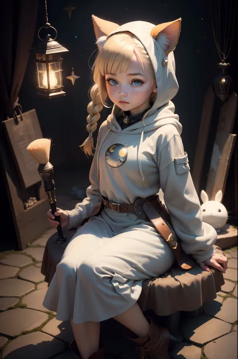 Top image quality、​masterpiece、Norman Rockwells style、Lunar surface、Beautiful fair-skinned girl in long sleeve hoodie、spaces 、Star 3D、The iris is blue、Cute little face、a small face、Light makeup、Two cat ears on the head、blonde hair in braids、tiny chest、Big ...