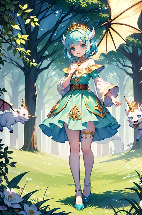 A cheerful and adorable monster tamer stands in a lush meadow, surrounded by playful fantasy creatures like baby dragons, fluffy unicorns, and mischievous gnomes. The tamers outfit is adorned with cute accessories, (masterpiece:1.2, best quality), (finely ...