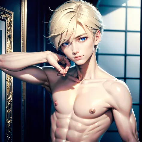 1 boy, effeminate boy, short hair, big eyes, very detailed eyes. Blue eyes, blond hair, delicate face, very handsome boy, 8K, masterpiece, high quality, semi realism, Shirtless, skinny body, no muscles , Hand close to face, smiling. good lighting