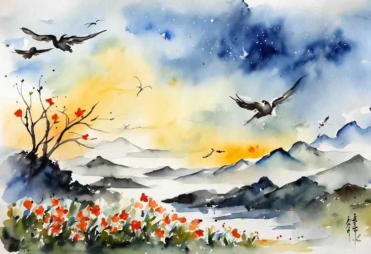 masterpiece，A mountain on white paper，Expressed in ink only々There is also a sea of clouds and moonlit nights、pale touch、ink and watercolor painting，（（jasmine flowers）），（Birds fly over the hills：1.3）