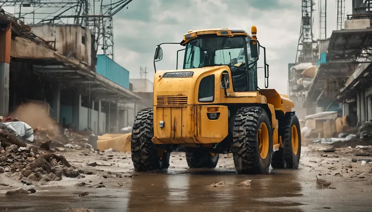 A middle-aged American man，Man，White top，Denim cargo pants，Black rain boots， Very professional water spray，Clean yellow cement truck，夏天，Blue sky，Construction site scene，ultra-realistic image，centered composition，Elevation viewing angle，ultra-realistic imag...