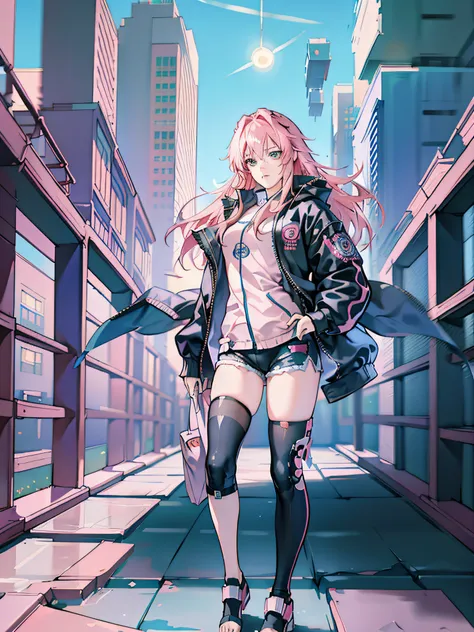 anime girl in short shorts and jacket, pink long hair, next to a giant robot, guweiz-style art, cyberpunk anime girl mech, trend in cgstation, guweiz, by Russell Dongjun Lu, cyberpunk anime digital art, ross tran 8 k, guweiz in artstation pixiv, girl in me...