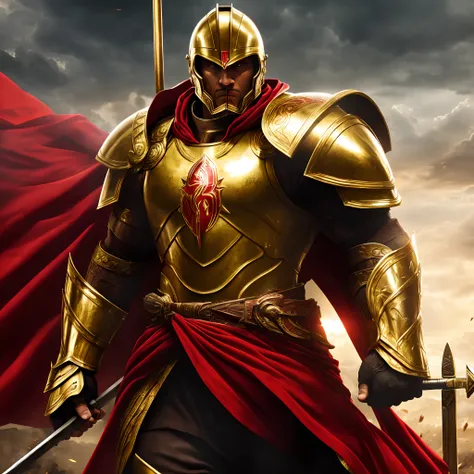 (8k wallpaper:1.2),(Ultra-high resolution:1.2),(masterpiece:1.1),wallpaper,High quality,masterpiece,(High detail),1man, Spartan warrior, wearing Spartan armour,gold armour, wearing a red cape,holding the shield and spear, surrounded by Spartans,