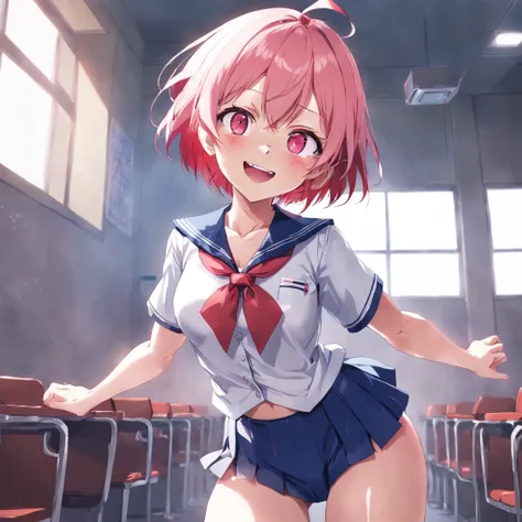 1girl, 14 years old, pink outer hair, white inner hair ,short hair, pink eyes, glowing eyes, blue sailor uniform with red tie, pink panties, small boobs, smile, showing teeth, red ribbon, beautiful and detailed face, nsfw showing boobs, classroom