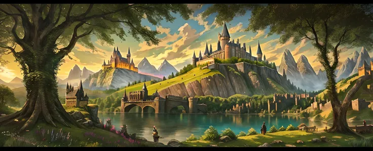 Painting a castle on a hill with a lake and a man on horseback, hogwarts setting, inspired by Raphael Lacoste, Estilo de Raphael Lacoste, author：Raphael Lacoste, background hogwarts, Hogwarts Castle, hogwarts legacy, bussiere rutkowski andreas rocha, marti...