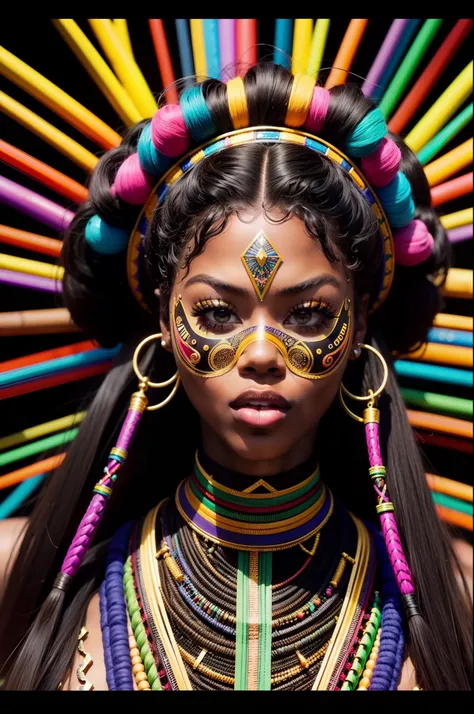 A colourful highly detailed AfroFuturist photograph of a black skinned African beautiful woman, using eulers formulae in artistic expression. organic reptile hair. Vibrant Colours. Sharp high fashion. Sharp focus.