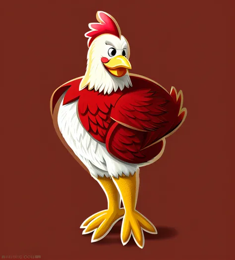 Cartoon chicken with red head and yellow feet, illustration of an angry rooster, anthropomorphized chicken, illustration of a rooster, cocky expression, anthro rooster, cocky, anthro rooster!!!!, cocky smirk, the king of rooster, chicken dressed as an inma...