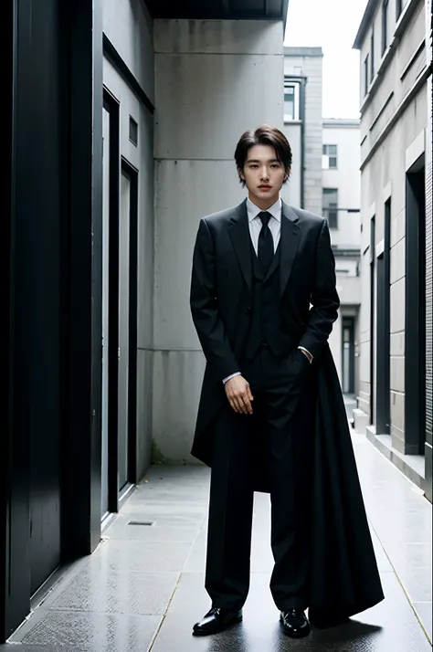 there is a man in a suit standing in a courtyard, wearing a black noble suit, wearing black suit, wearing business suit, wearing causal black suits, wearing black business suit, wearing fashion suit, full body portrait shot, wearing a black suit, wearing s...