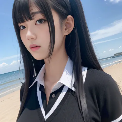 schoolgirls，年轻，Black color hair，horse tailed,best qualtiy，best illuminate，Highest high resolution，16k，Meticulous details，full body shot shot,realisticlying,beachside,The bust is huge,full bodyesbian,Loose shirt