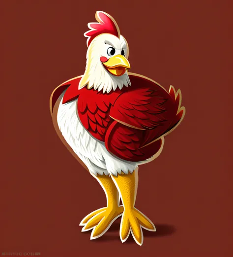 Cartoon chicken with red head and yellow feet, illustration of an angry rooster, anthropomorphized chicken, illustration of a rooster, cocky expression, anthro rooster, cocky, anthro rooster!!!!, cocky smirk, the king of rooster, chicken dressed as an inma...