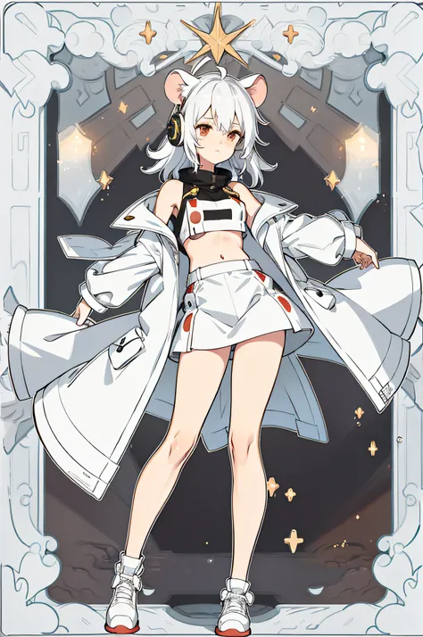 2D Beautiful Girl，a warm color palette，Mouse ears，two tone color hair，White color hair，Crop tops，The character is in the center of the frame，Full body like，Bare legged，Stand naturally，Heteropupil，leg loops，wind coat，wearing headphone