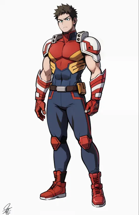 My Hero Academia style, anime boy, male, young male, trending on artstation pixiv, (full body shot:0.5), short hair, light brown hair, green eyes, hero suit, full body suit, blue suit with red and white details, Perfect Anatomy, Super Detailed,